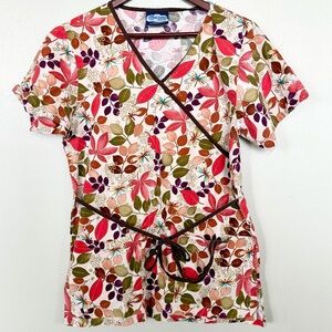 Comfy Cotton Scrubs Mock Wrap Top Small Floral Nature Dragonfly V-Neck - Small